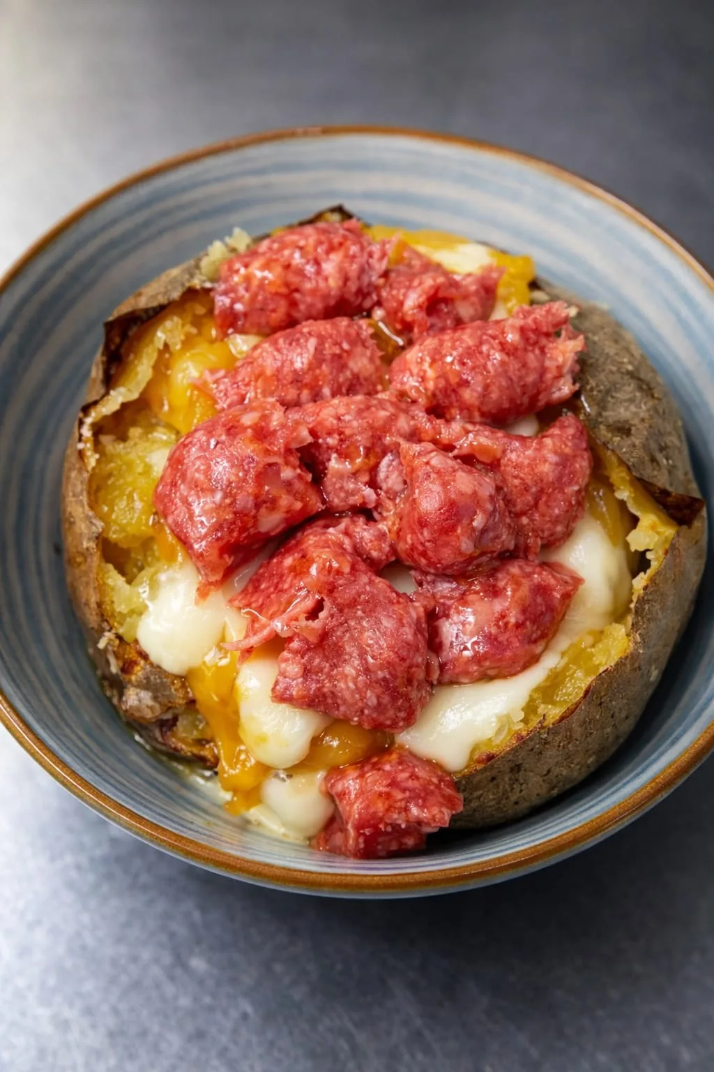 Patata gourmet farcita con salsiccia di Bra e Grana Padano, specialità Va Bin Potato