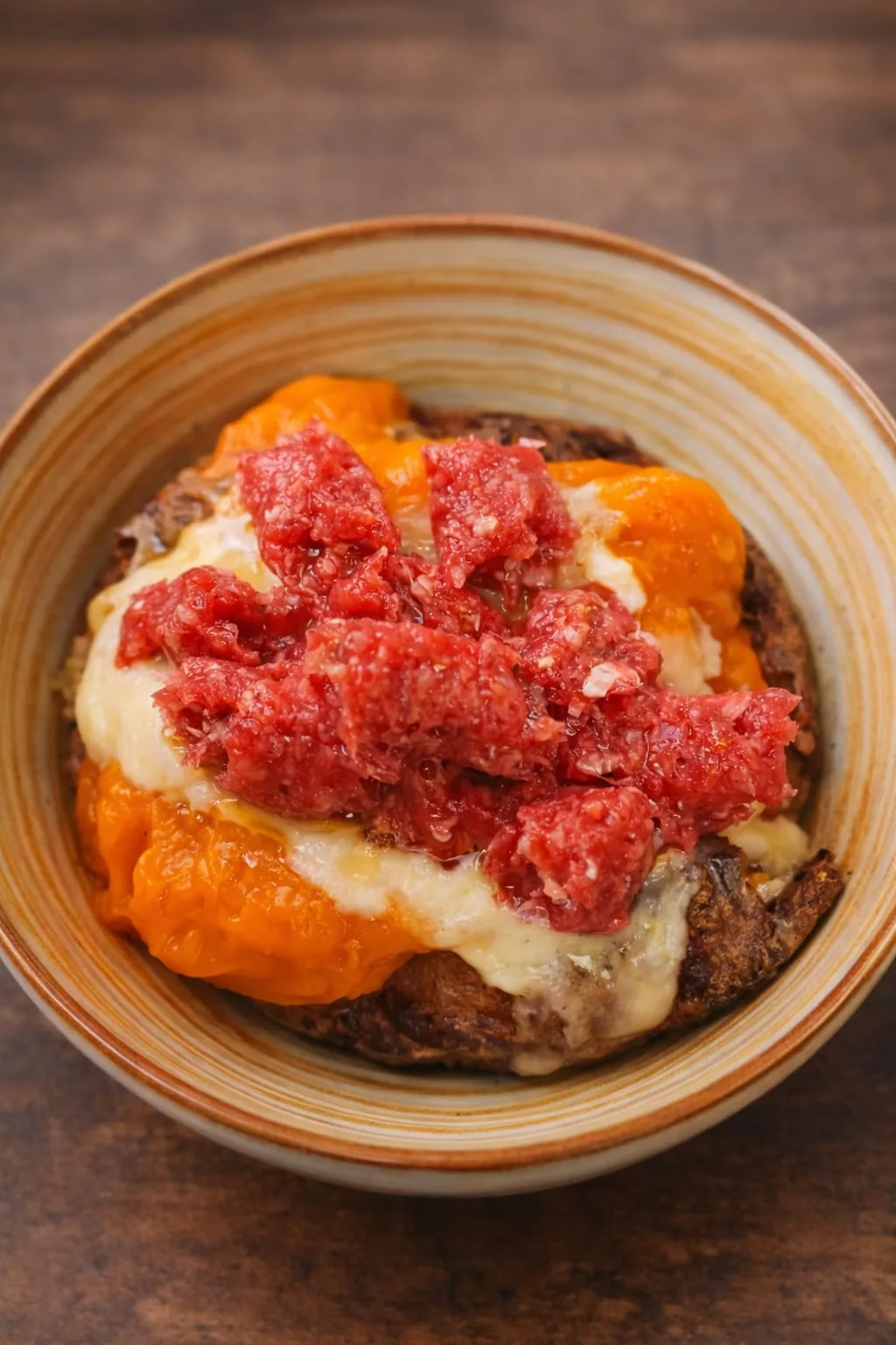 Patata al forno con crema di zucca vellutata, fonduta di toma e salsiccia di Bra