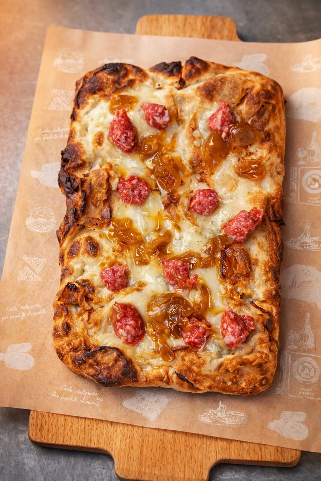 Pinsa artigianale romana con gorgonzola, salsiccia e cipolla caramellata, proposta del menù Va Bin Potato