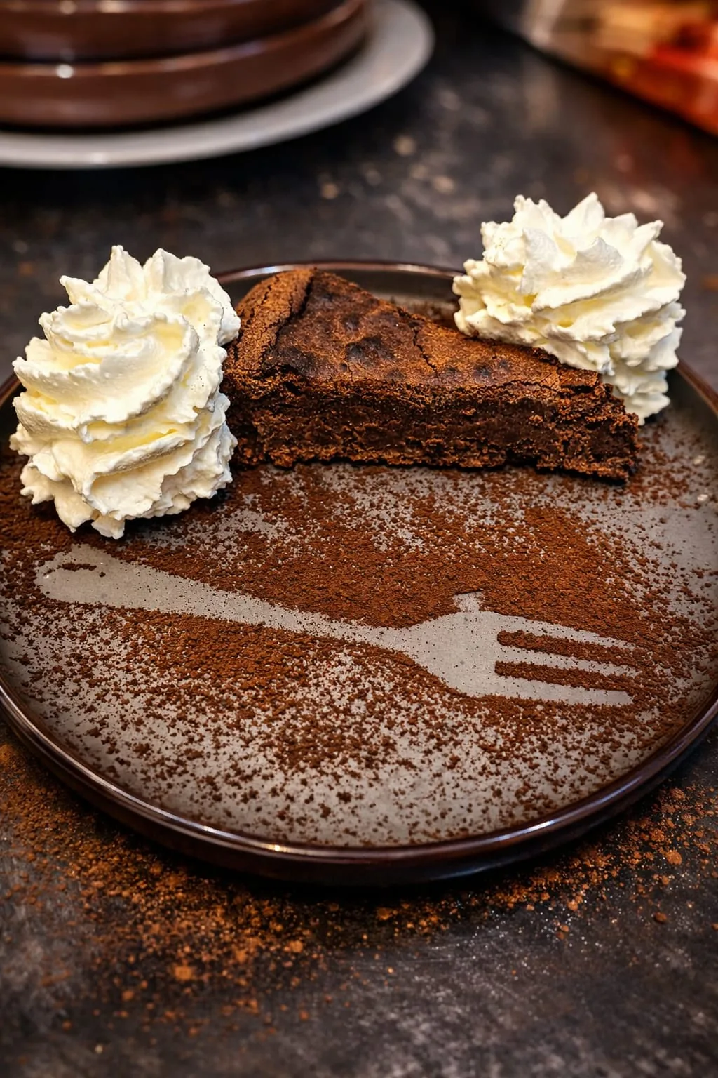 Torta al cioccolato fondente con panna montata fresca e cacao, dessert artigianale Va Bin Potato